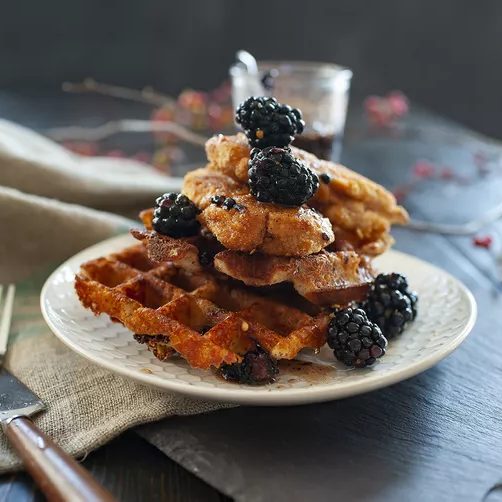Spicy Gluten-Free Chicken and Cheddar Waffles with Blackberry-Maple Syrup
